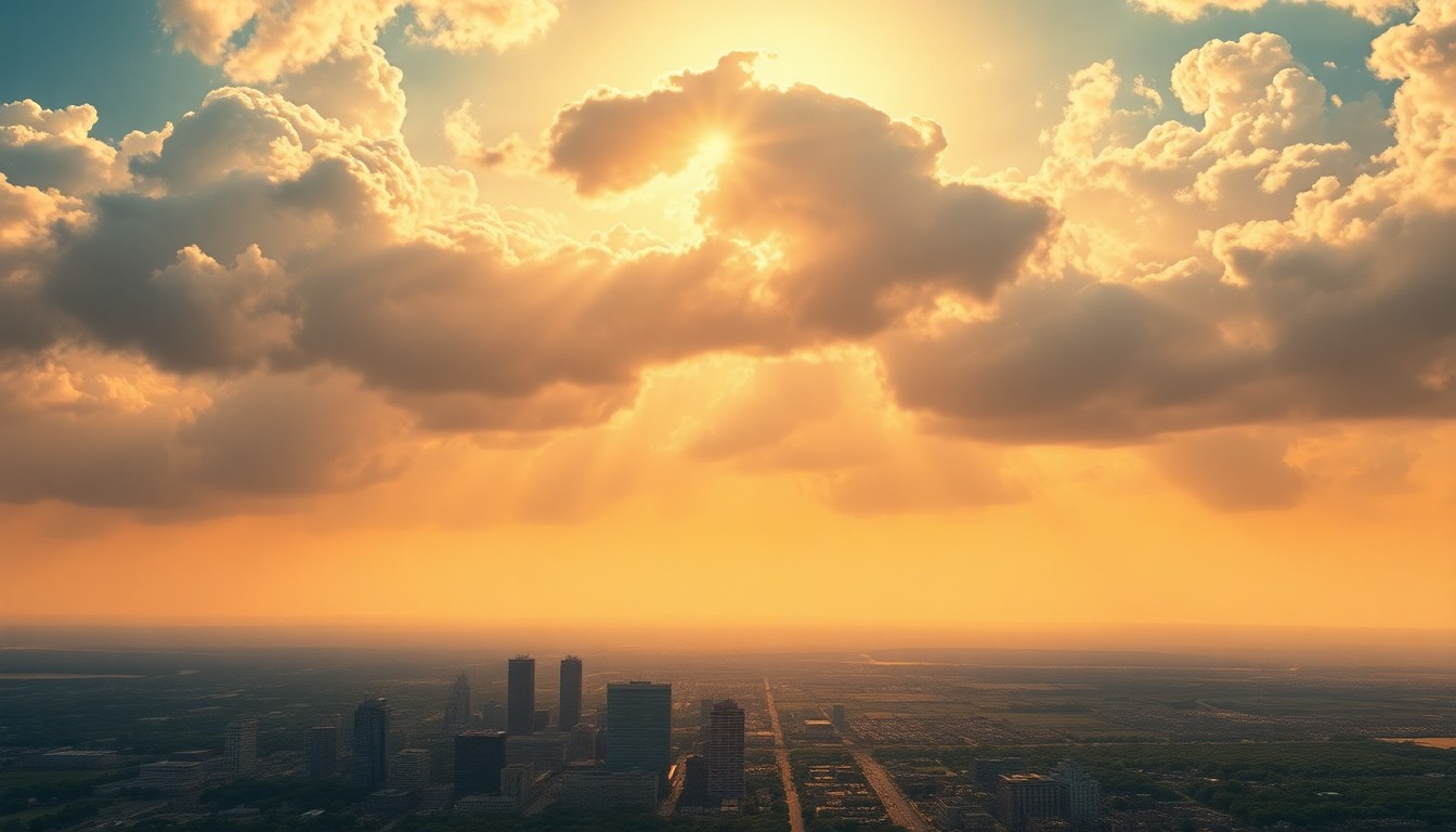 A sweeping, atmospheric landscape painting depicting the skyline of Columbia, South Carolina under a blazing, hazy sun. The cityscape is dwarfed by the overwhelming scale of the sky, with dramatic clouds and a sense of tension conveying the oppressive heat.