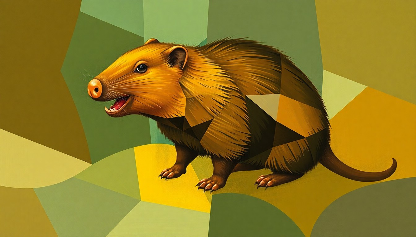 A dynamic, fragmented painting of a large, orange-toothed rodent in overlapping geometric shapes and waves of earthy green, mustard yellow, and deep brown, conceptually representing the invasive nutria species and the political tensions surrounding its resurgence in California.
