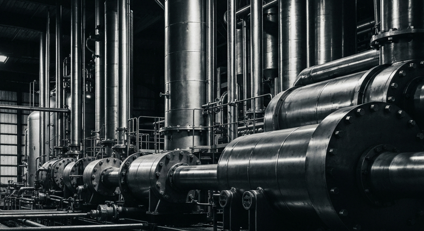 A high-contrast, black-and-white close-up image of the intricate machinery and equipment used in the production of distilled spirits and specialty ingredients, conveying the scale, complexity, and mechanical power of MGP Ingredients' manufacturing operations.