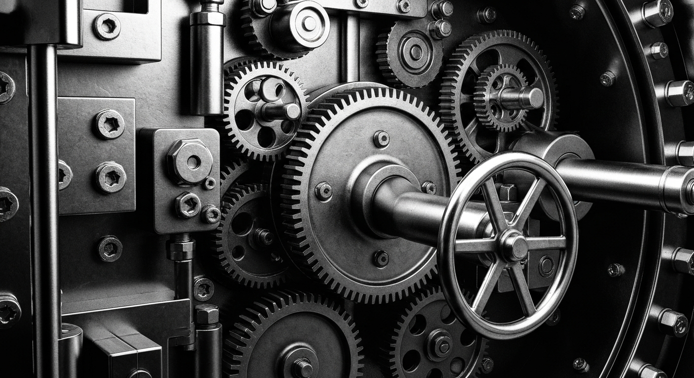 A high-contrast, cinematic close-up of the inner mechanisms of a bank vault, including gears, locks, and other heavy machinery, representing the tangible, institutional strength of the regional financial institution.