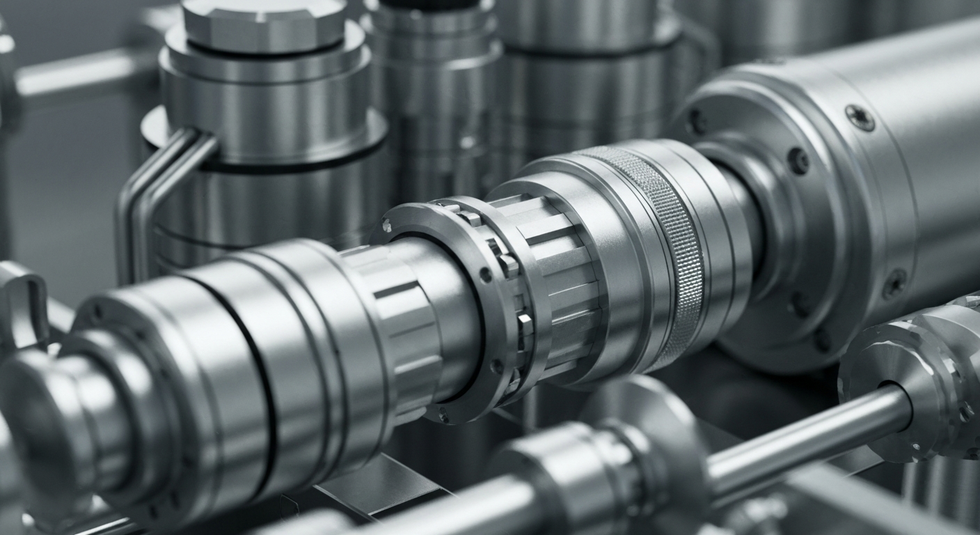 An extreme close-up of complex, highly engineered biotech machinery and equipment, conveying the advanced science behind PepGen's precision gene editing therapies.