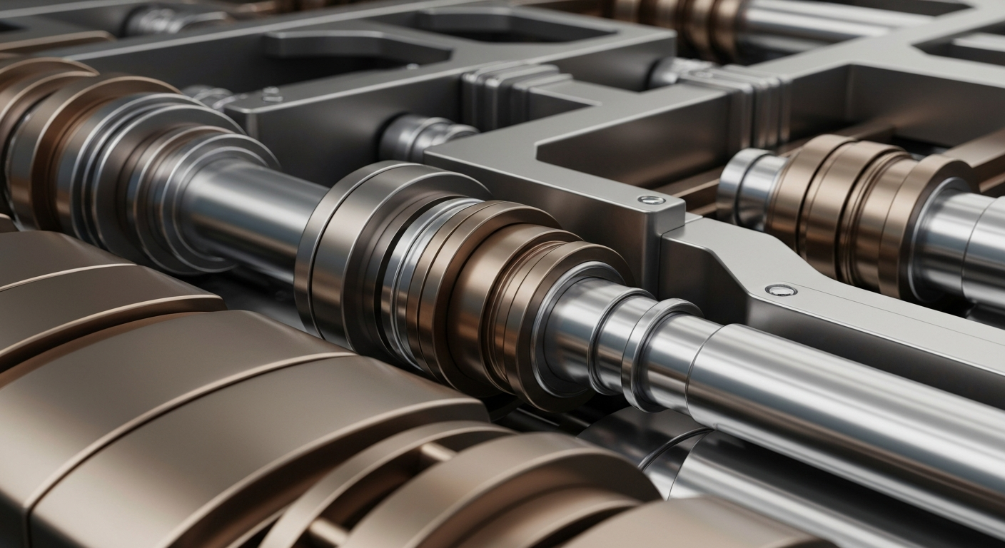 A highly detailed, macro-level view of the gears, levers, and mechanisms that make up the secure infrastructure of a bank's vault, conveying a sense of the power and stability of the financial industry.