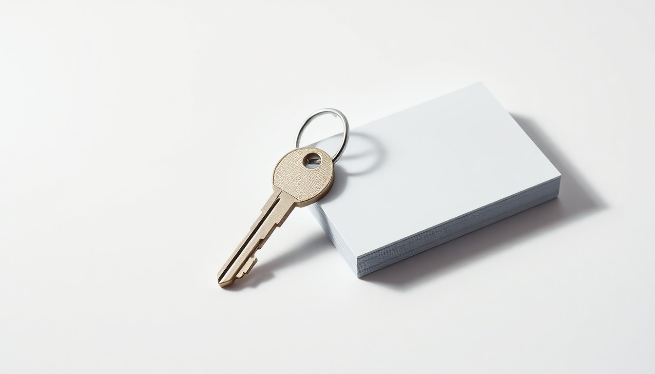A high-end, photorealistic studio still-life photograph featuring a polished, geometric metal hotel key and a sleek, minimalist hotel room card on a clean, monochromatic background, conceptually representing the premium hospitality and operational efficiency of Hoteles BESTPRICE.