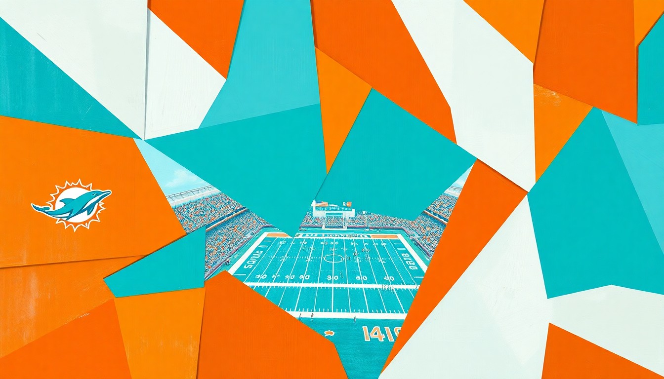A cubist, geometric painting depicting a Miami Dolphins football game, with the players and field broken down into overlapping planes of aqua blue, orange, and white, creating a dynamic, fragmented visual representation of the action on the field.