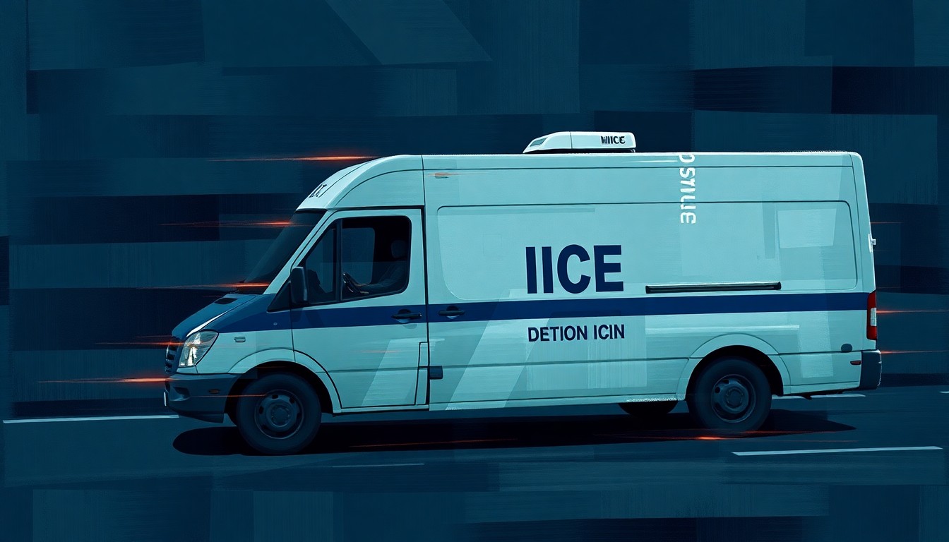 A dynamic, abstract painting featuring overlapping, fragmented shapes in shades of blue, gray, and red, conceptually representing the divisive political debate over a potential ICE detention center.