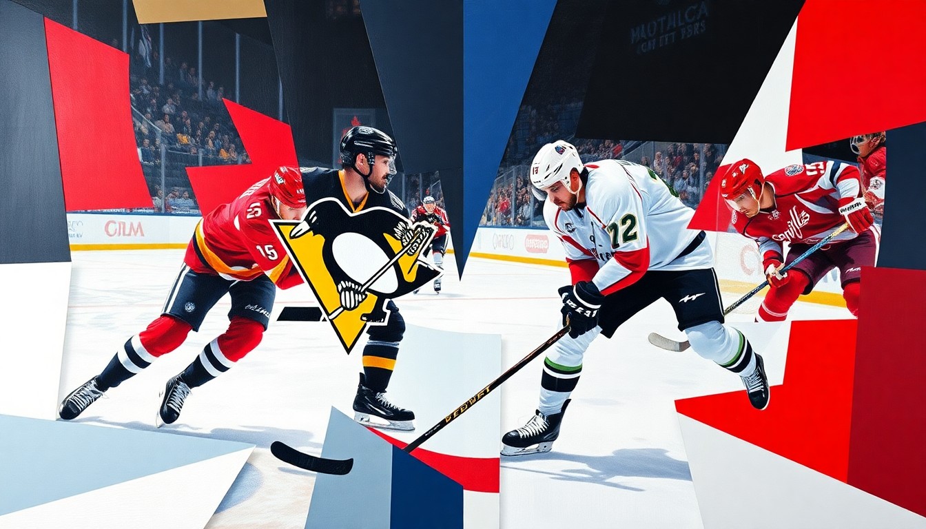 A cubist, geometric painting depicting the intense hockey action between the Pittsburgh Penguins and Washington Capitals, with the players' forms fractured into sharp, overlapping shapes that capture the physicality and drama of the long-standing rivalry.