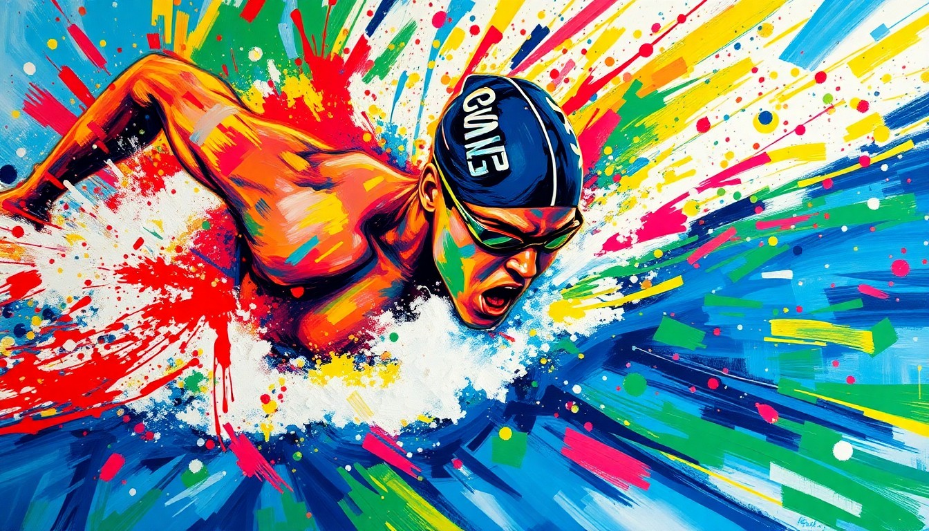 An extreme close-up of a swimmer's body in motion, with vibrant neon brushstrokes capturing the raw energy and fluidity of the athlete's movements as they slice through the water.