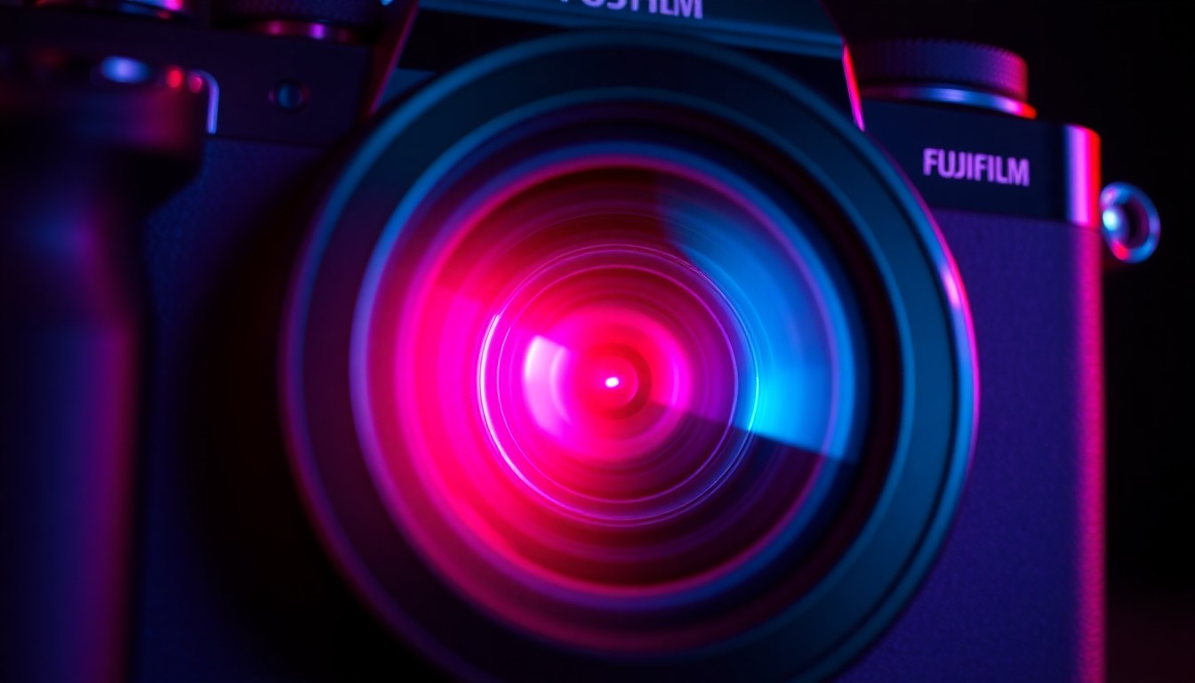 A highly detailed, glowing 3D macro illustration of a Fujifilm camera sensor and lens elements illuminated by neon cyan and magenta lights, conceptually representing the vibrant, cinematic tones of the 'Italian Dream' film simulation recipe.
