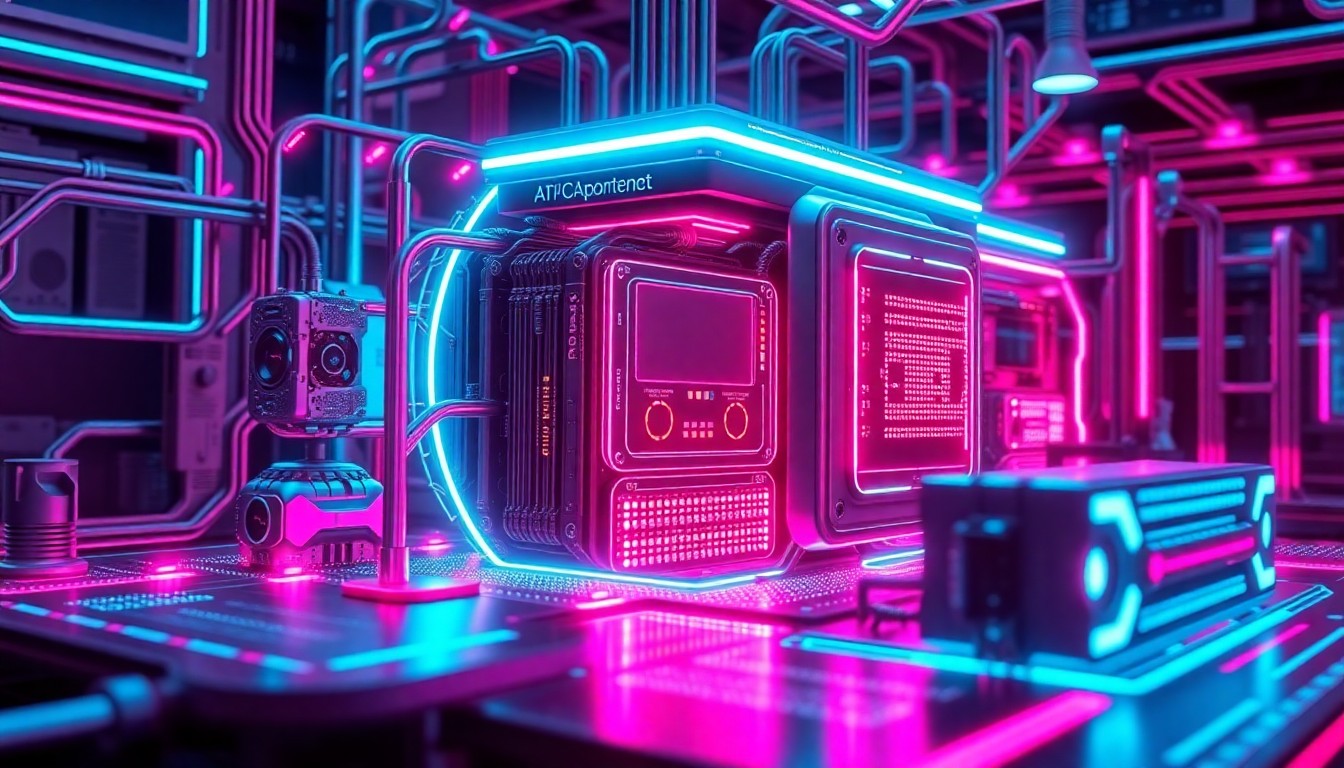 A highly detailed, glowing 3D illustration of a futuristic AI-powered content creation and distribution platform, with intricate hardware and software components illuminated by neon cyan and magenta lights, conceptually representing the convergence of advanced technology and professional education.