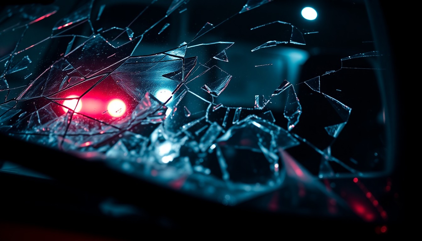 An extreme close-up of a shattered car windshield reflecting a faint red light, conceptually representing the aftermath of a violent attack on a celebrity.