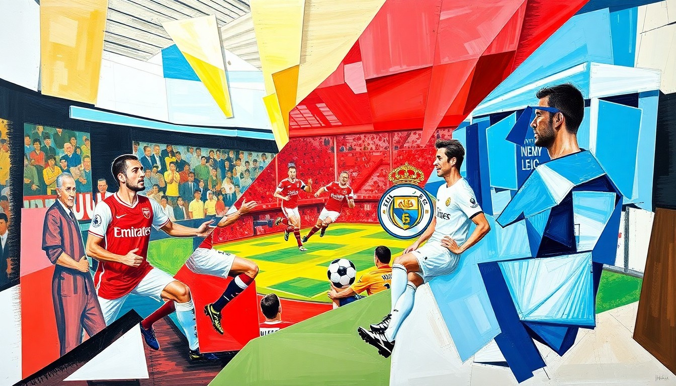 A cubist, geometric painting depicting the fragmented, multi-angled nature of modern football transfers, with overlapping planes of vibrant colors representing the various teams and players involved.