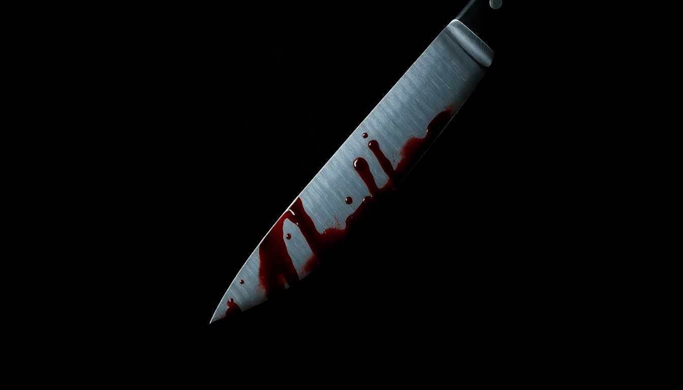 An extreme close-up of a single bloody knife blade, the harsh lighting and dark background creating a stark, gritty aesthetic that conceptually represents the violent nature of the crime.