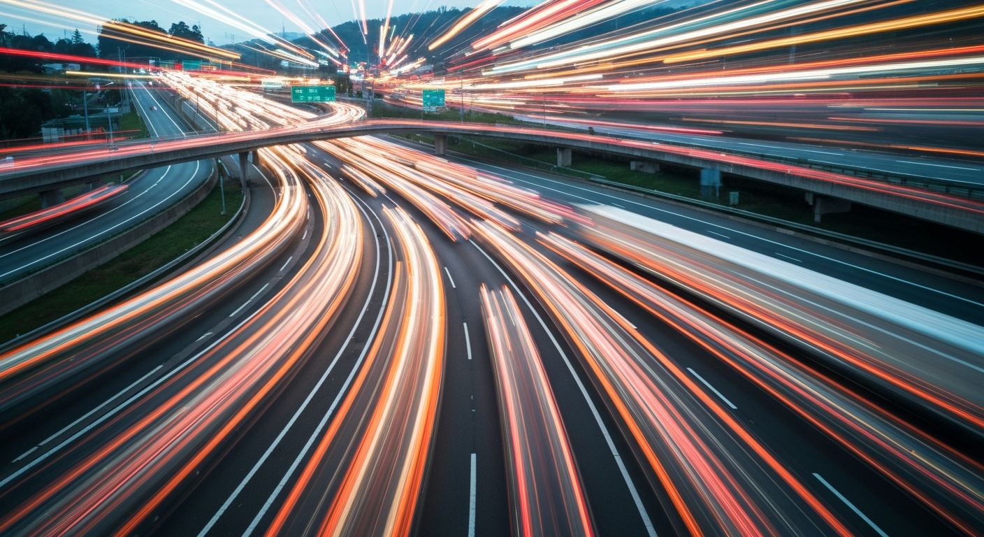 An abstract, blurred image of a busy highway interchange, with streaks of color representing the flow of traffic through the complex network of lanes and ramps.