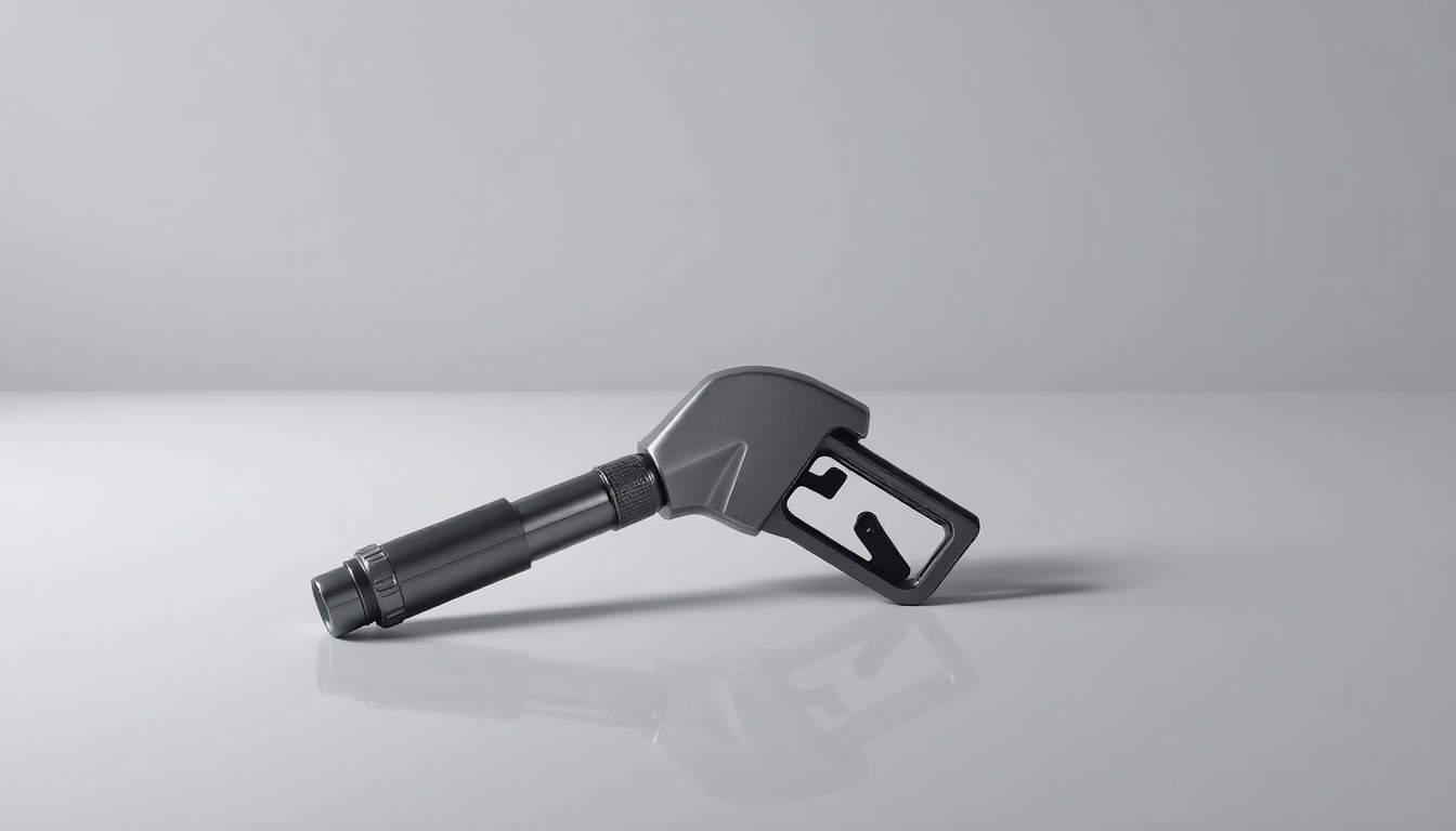 A close-up, photorealistic image of a polished metal fuel pump nozzle resting on a smooth, reflective surface against a clean, monochromatic background, conveying the premium, corporate aesthetic of the proposed Royal Farms development.