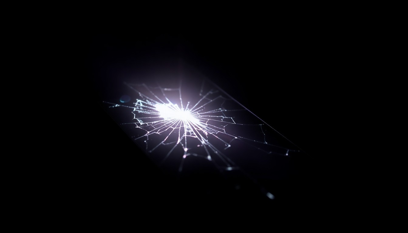 An extreme close-up of a cracked smartphone screen reflecting a harsh, direct camera flash, conceptually representing the aftermath of a Facebook Marketplace robbery.