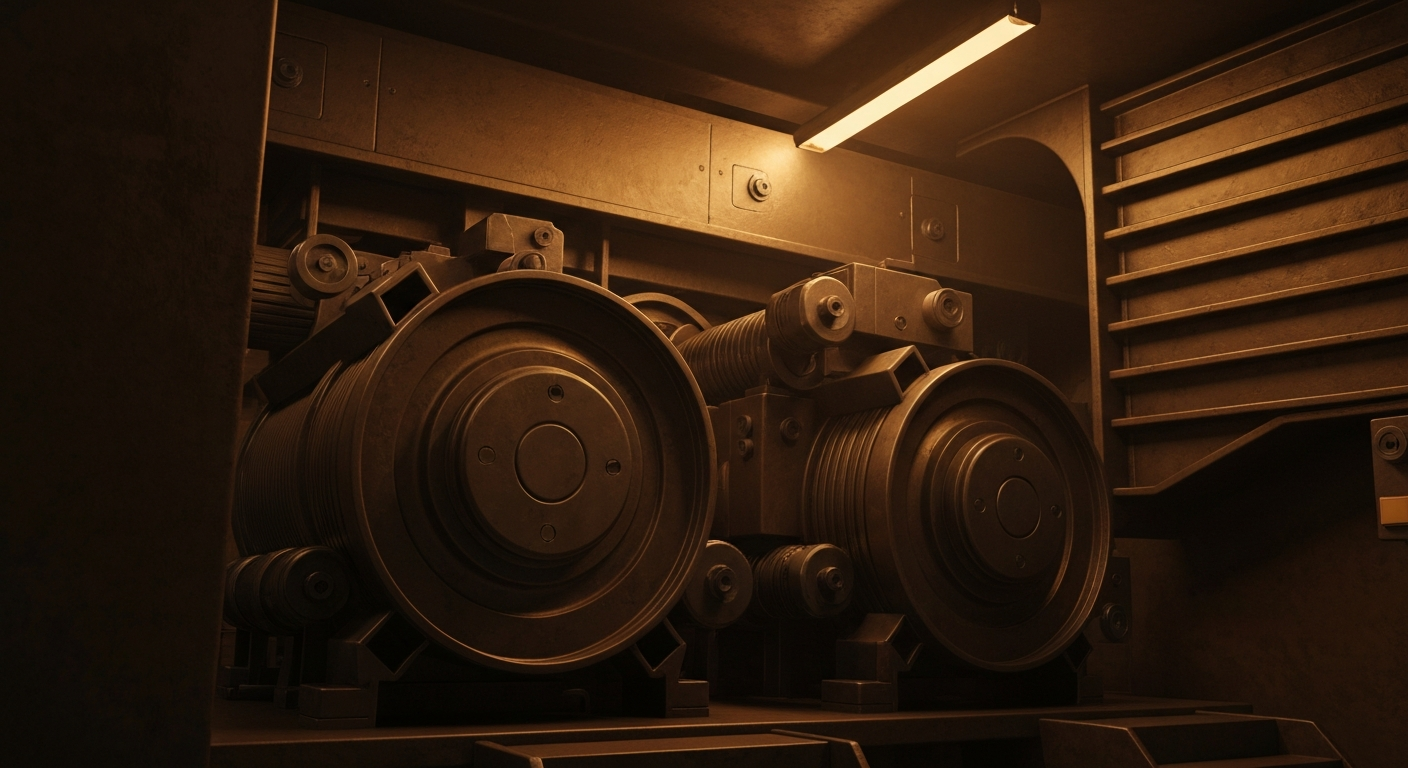 An extreme close-up of interlocking metal gears and levers, representing the heavy, tangible mechanics of the banking and investment industry.