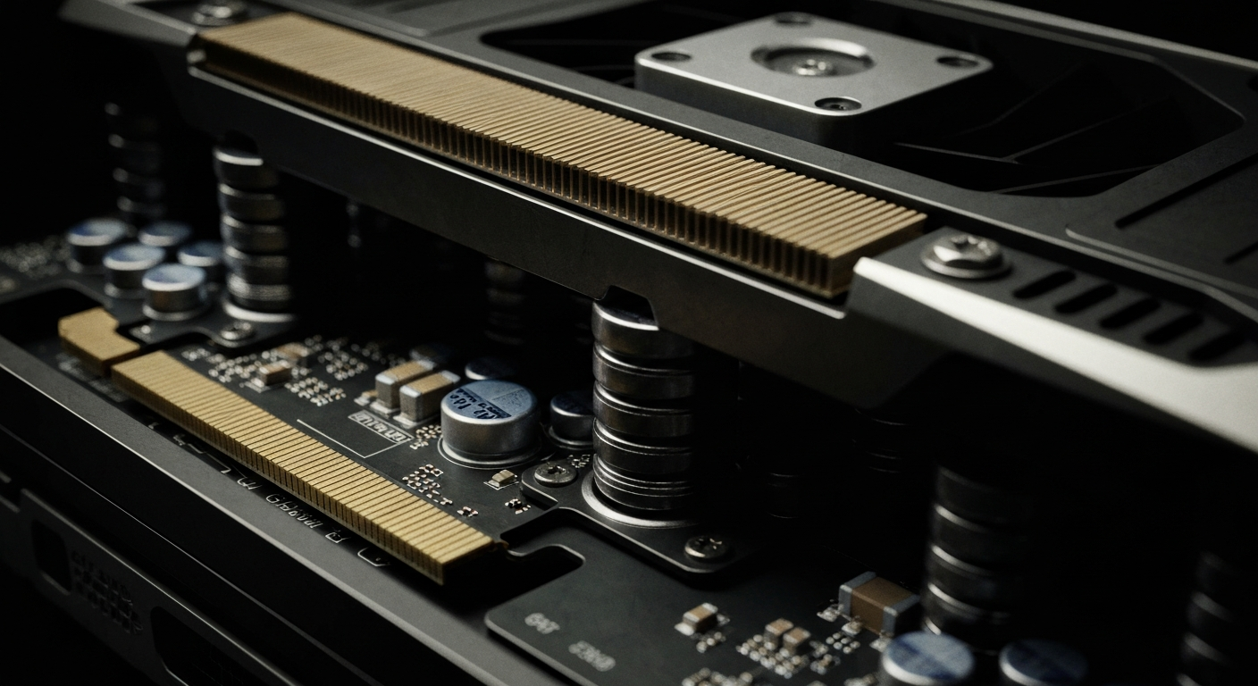 An extreme close-up of the complex circuit boards, heat sinks, and other components that make up a high-performance NVIDIA graphics card, captured in a gritty, industrial style that conveys the power and precision of the technology.