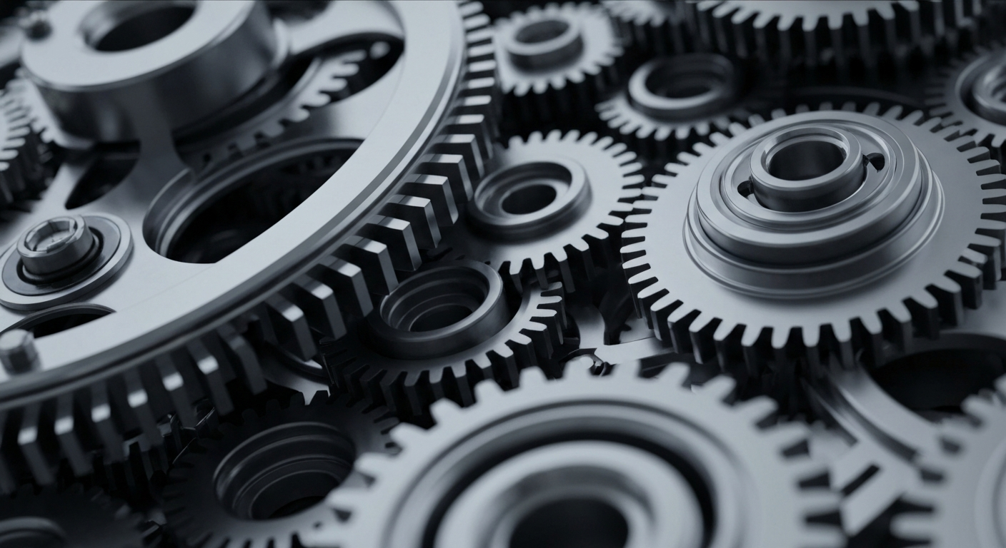 An extreme close-up of a complex, interlocking mechanism of metal gears and machinery, conveying the idea of institutional financial power and investment infrastructure without using any literal financial symbols or text.