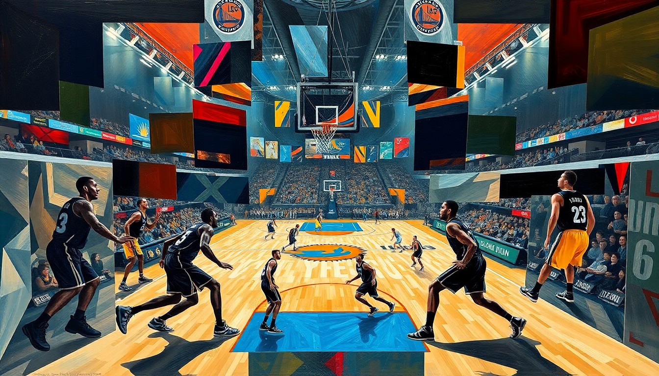 A fractured, geometric painting depicting a basketball game, with the players' forms broken down into abstract shapes and planes of color, the court and arena fading into the background.