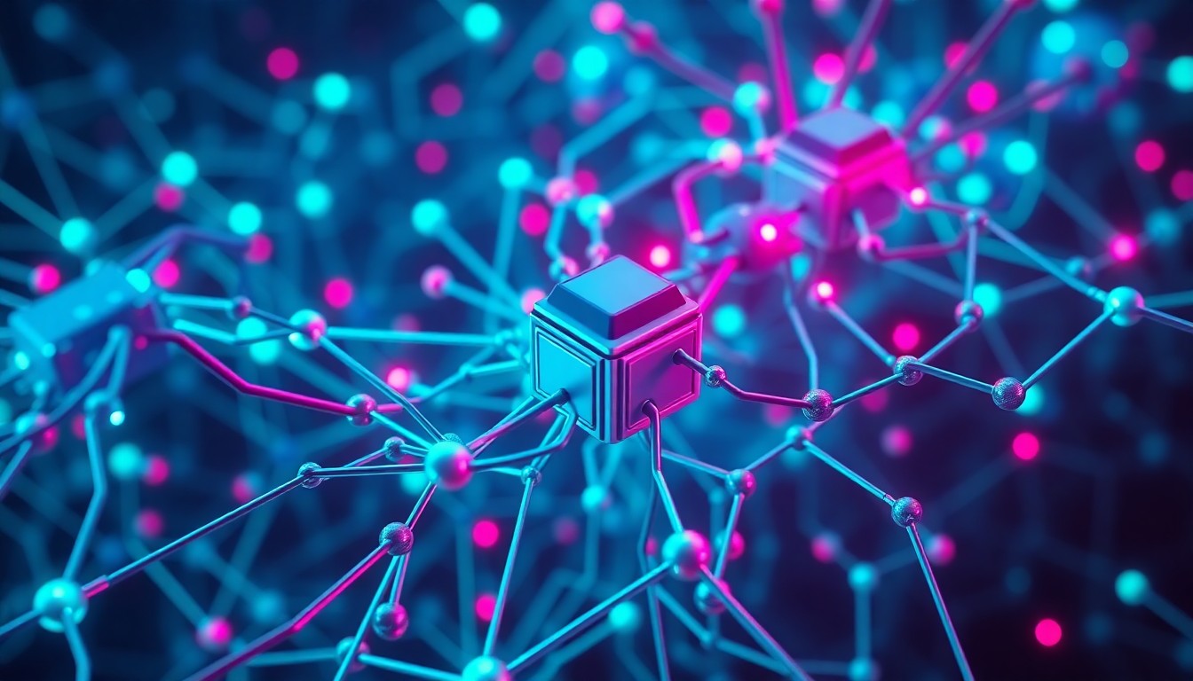 A highly detailed, glowing 3D macro illustration of a complex AI neural network architecture, with neon cyan and magenta lights illuminating the intricate connections and data flows between various components, conceptually representing the integration of machine learning and automated reasoning for high-assurance artificial intelligence.