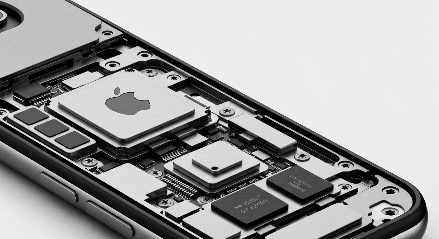 A high-contrast, cinematic close-up image of the internal components and mechanics of an Apple iPhone, conveying the complex engineering and manufacturing behind the company's products.