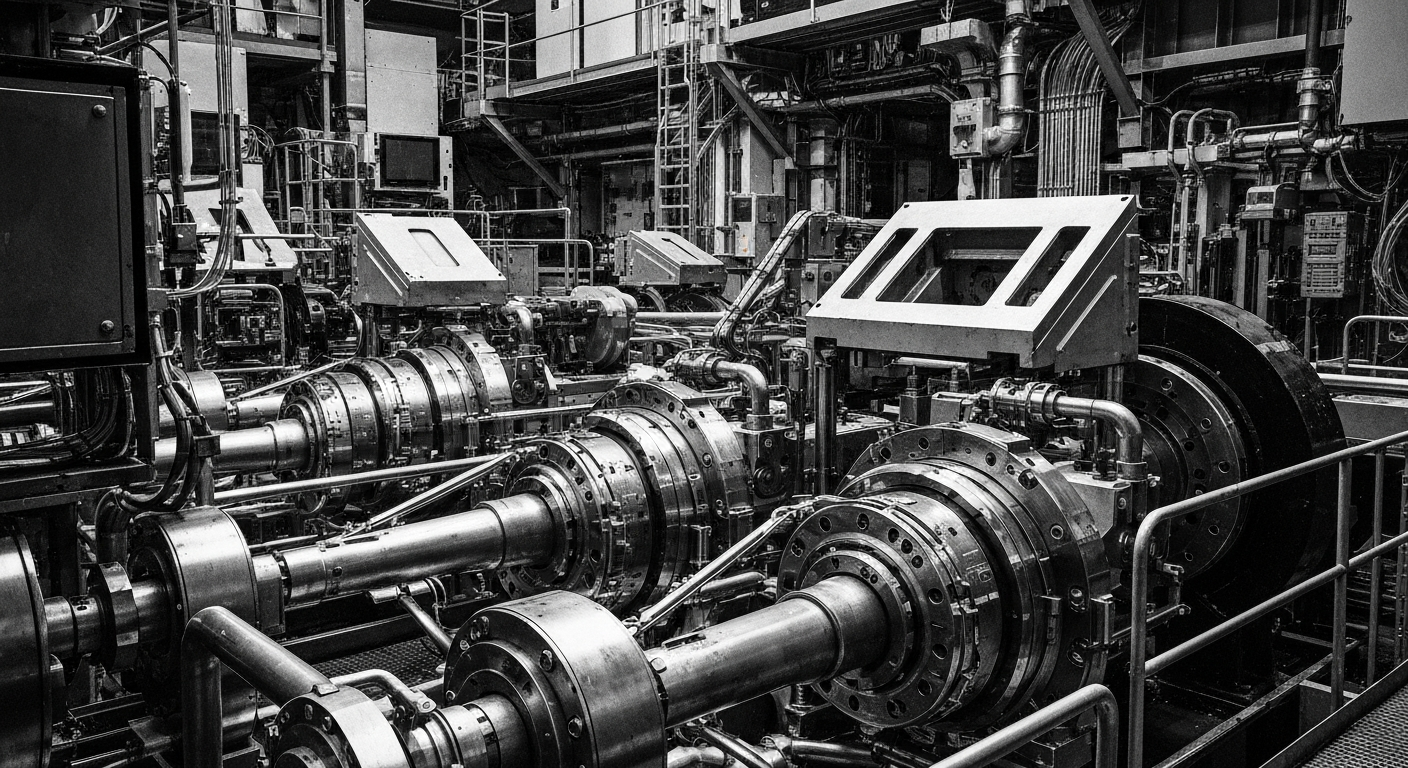 A high-contrast, black-and-white close-up image of complex, heavy industrial machinery and equipment used in semiconductor fabrication, conveying the scale and importance of the technology that powers the global semiconductor industry.