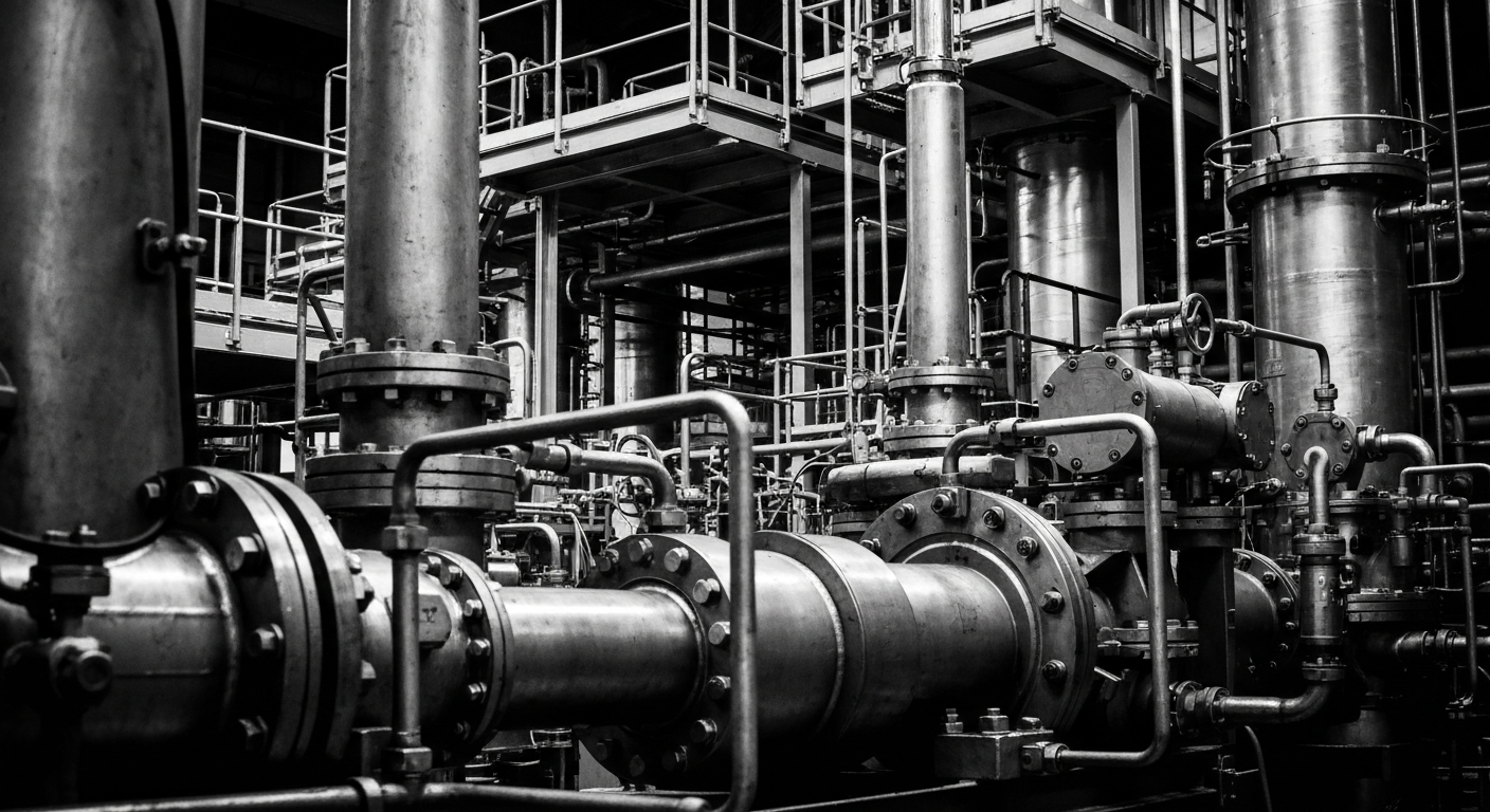 A high-contrast, black and white close-up photograph of complex industrial machinery and equipment, conveying the heavy-duty, technical nature of the specialty chemicals industry.