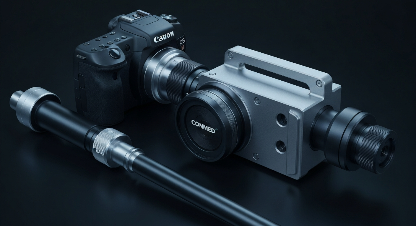 A highly detailed, black-and-white macro photograph of the inner workings and mechanical components of a medical device, conveying the complex and precise nature of CONMED's products.