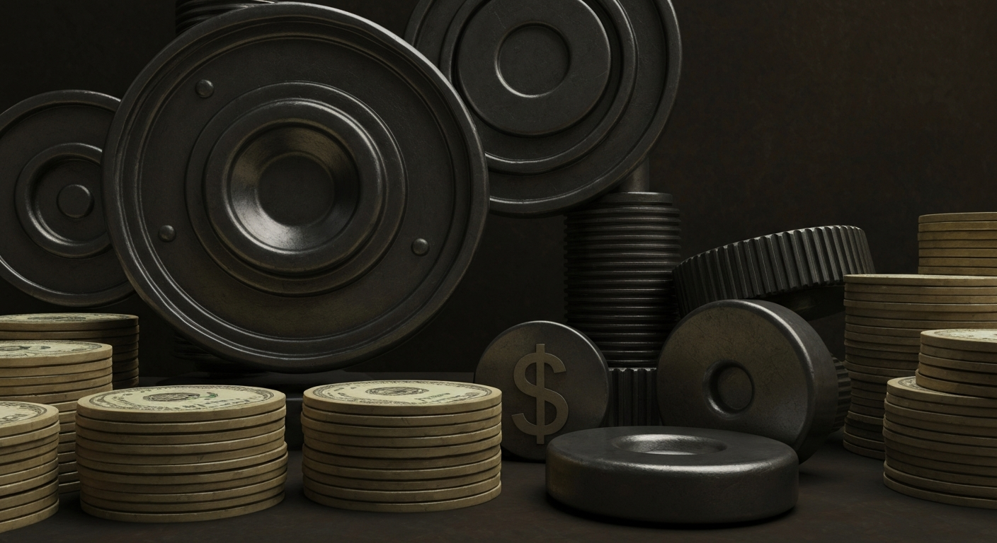 An extreme close-up of gears, levers, and other industrial banking machinery, conveying the heavy, physical nature of financial institutions and wealth without depicting any literal currency or charts.