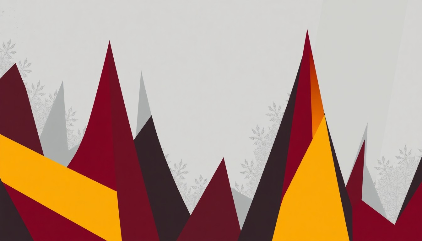 An abstract, minimalist illustration featuring bold, angular shapes in deep red, mustard, and grey tones, conceptually representing the drama and intensity of Texas high school football.
