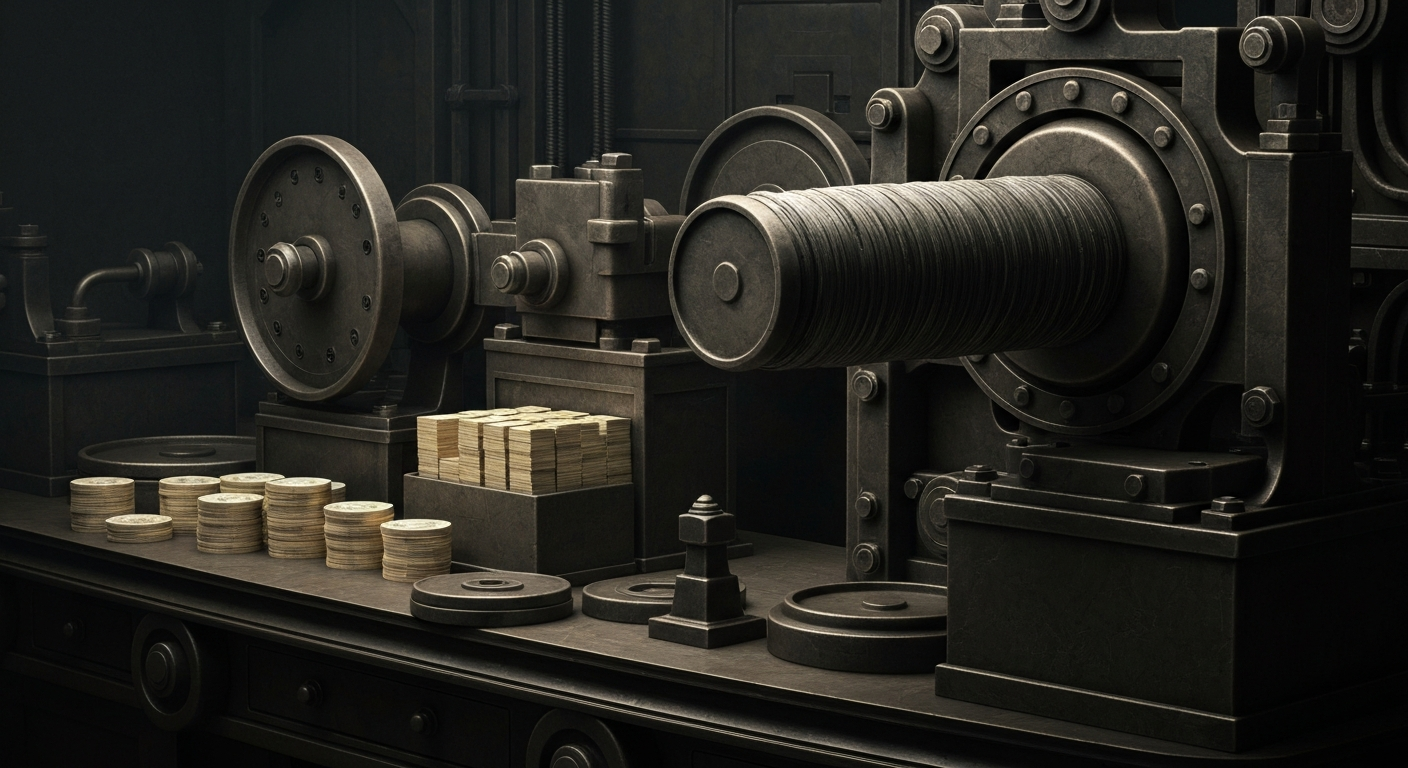 An extreme close-up of intricate, metallic banking machinery and mechanisms, conveying a sense of financial security and institutional power without using literal currency or symbols.