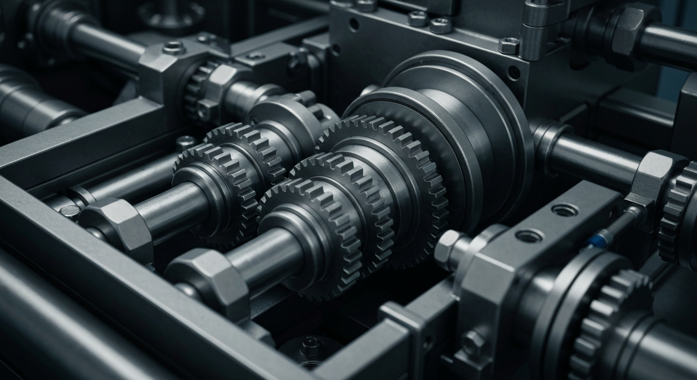 A close-up, cinematic view of the intricate gears, valves, and machinery that make up the internal workings of an industrial fluid handling system, conveying a sense of power, precision, and the complex engineering behind Graco's products.