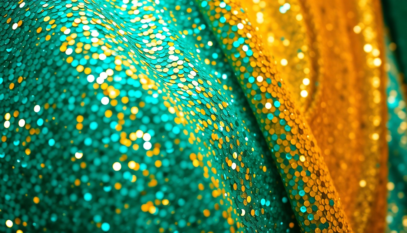 An extreme close-up photograph of shimmering, sequined fabric in vibrant shades of turquoise and gold, capturing the glitzy, high-fashion aesthetic of music festival style.