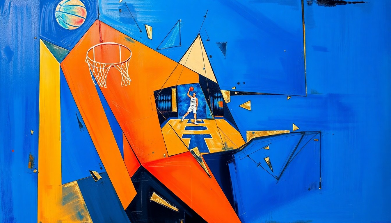 A cubist, geometric painting depicting an abstract NBA basketball game, with sharp, overlapping shapes and planes in a vibrant color palette.