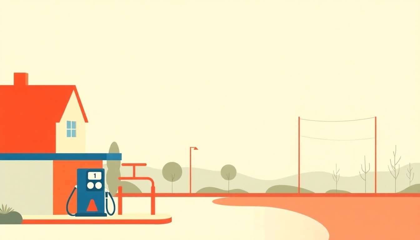 A vibrant abstract composition using bold geometric shapes and primary colors to conceptually represent the impact of rising gas prices on a local community.