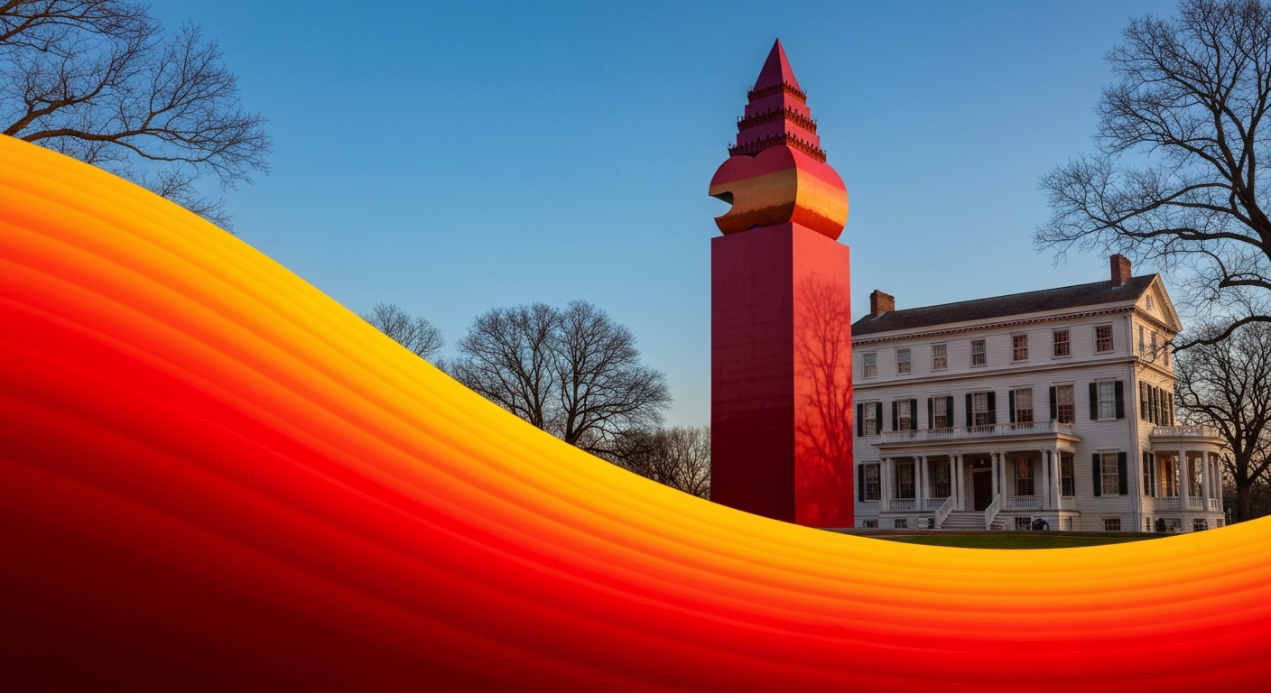 A highly stylized, geometric illustration depicting a towering, red apple sculpture set against the backdrop of a grand, historic building in a sweeping, airbrushed gradient of warm colors, capturing the romance and scale of travel.