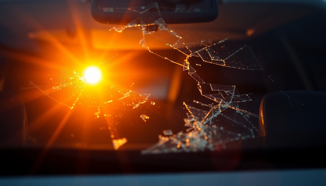 An extreme close-up photograph of a shattered car windshield reflecting the stark, dramatic lighting of a camera flash, conceptually representing the grim aftermath of a serious traffic collision.