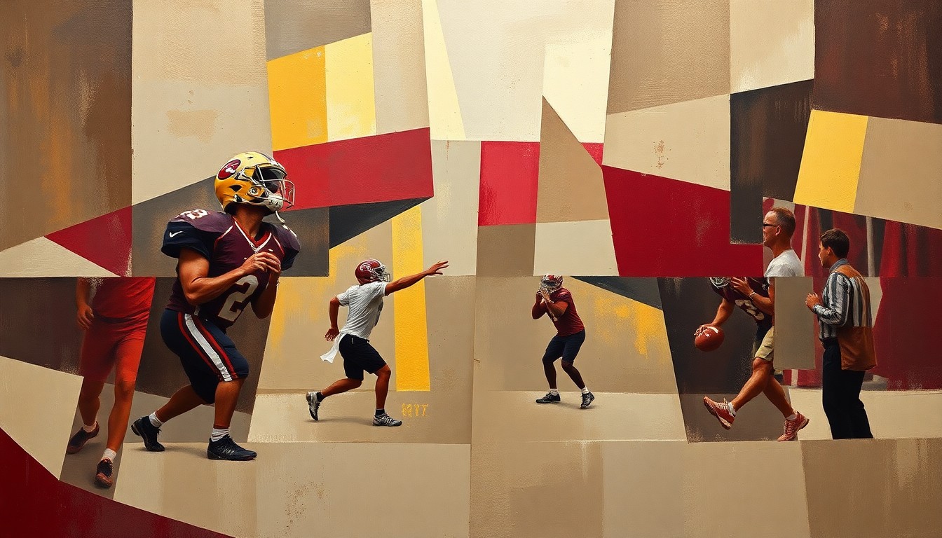 A fragmented, geometric painting in shades of burgundy, gold, and grey, depicting a football game or coaching scene broken down into sharp, overlapping planes, conceptually representing the ups and downs of Dan Quinn's time as Commanders head coach.