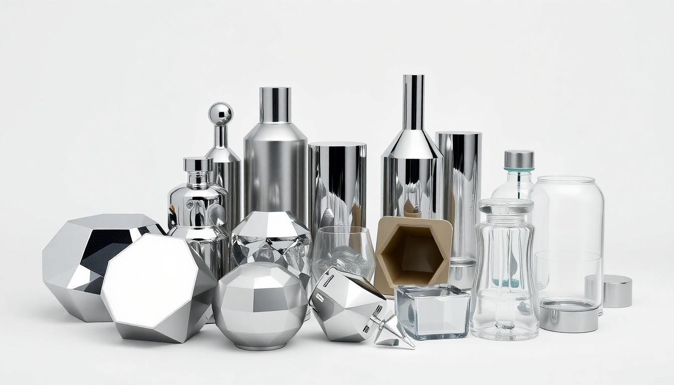 A high-end studio still life photograph featuring a collection of sleek, geometric metal and glass objects in shades of silver, chrome, and clear crystal, arranged elegantly on a clean white background to symbolize the advanced materials and global interconnectedness of the modern recycling industry.