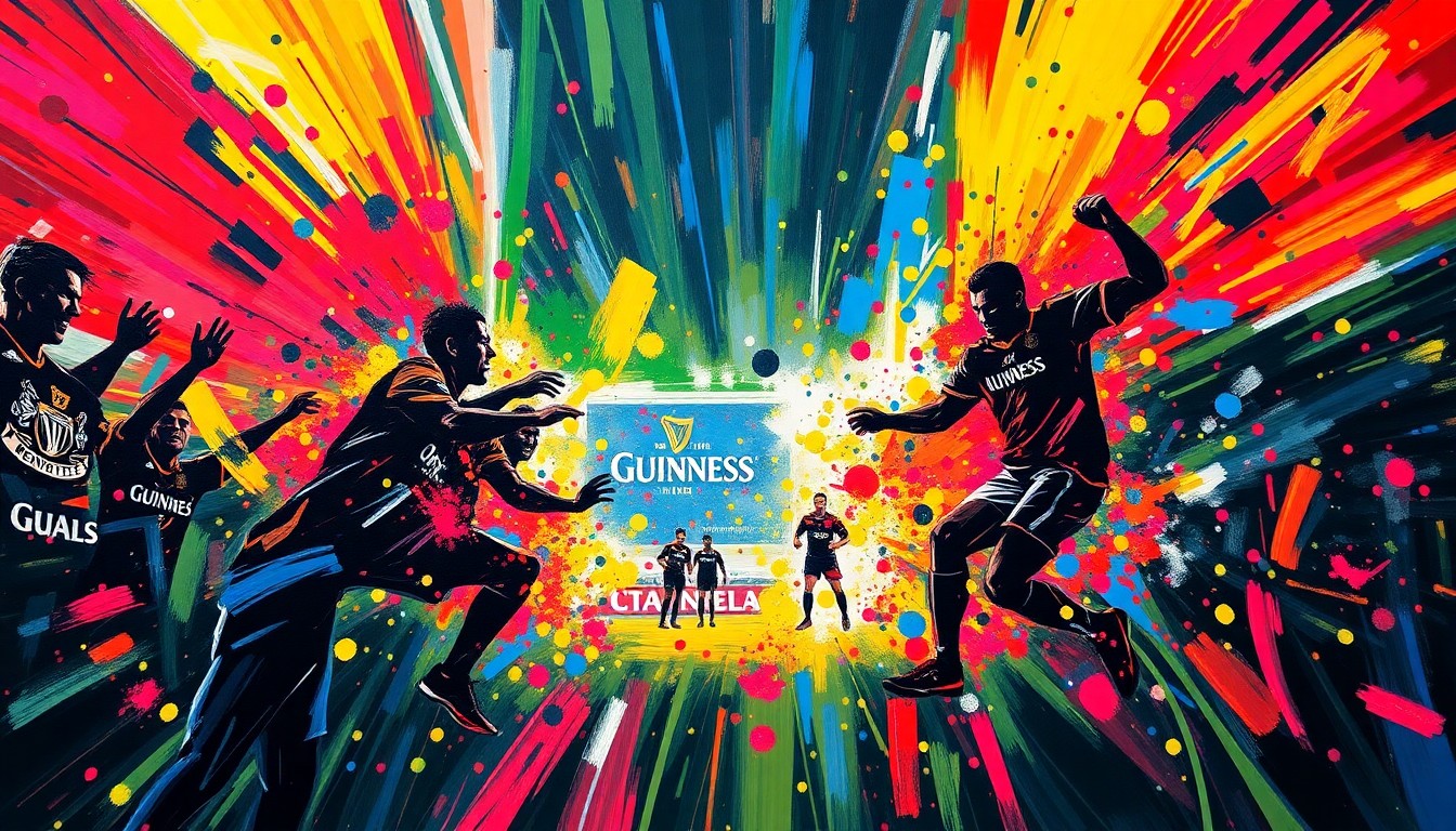 An abstract, energetic painting in neon colors depicting the movement and intensity of a Premier League soccer match, with the Guinness branding elements blending into the expressive brushstrokes.