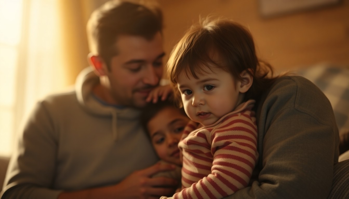 An abstract, out-of-focus photograph in warm, muted tones depicting a couple with a young child, conveying the intimate, familial mood of the scene.