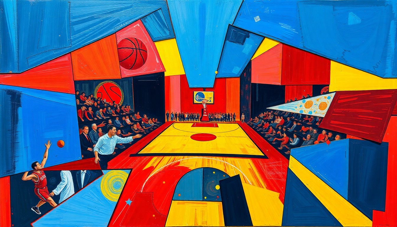 A cubist, geometric painting depicting a basketball game or match, with sharp, overlapping planes of color representing the dynamic action on the court.