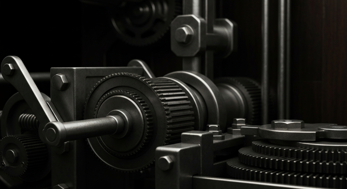 An extreme close-up of industrial banking machinery and components, conveying a sense of financial security and institutional wealth without using literal currency or charts.