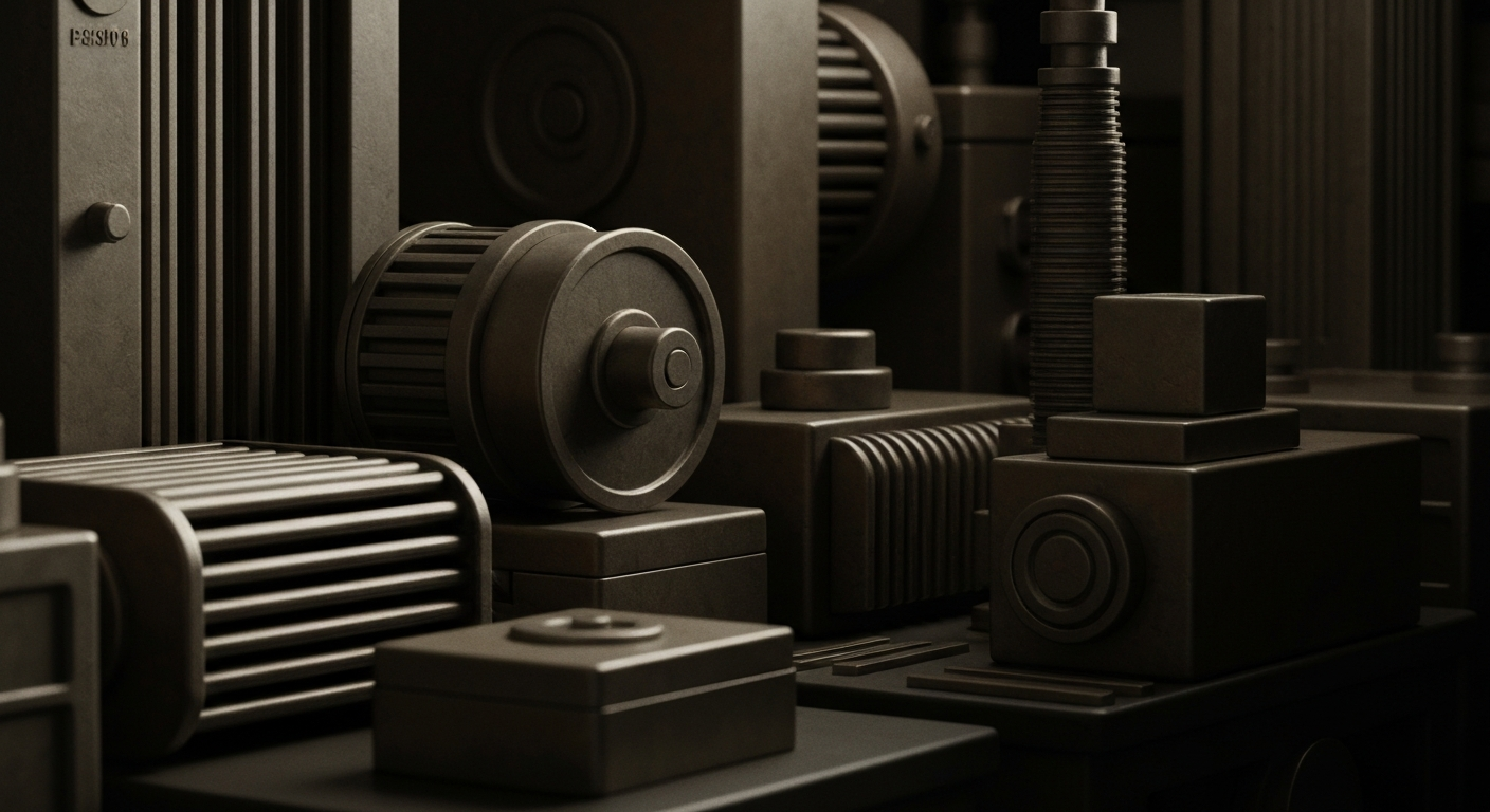 An extreme close-up of gears, levers, and other heavy industrial components that make up the inner workings of a financial institution, conveying a sense of the intricate systems and infrastructure that underpin the real estate finance industry.