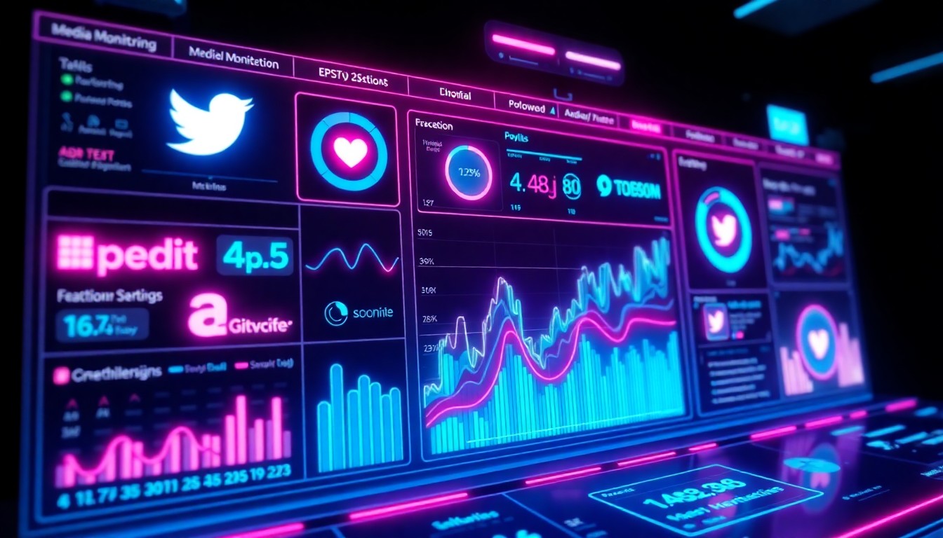 A highly detailed 3D illustration of a glowing, futuristic media monitoring dashboard with various data visualizations and brand logos pulsing with neon cyan and magenta lights, conceptually representing the advanced technology used to automatically detect and track brand elements in broadcast content.