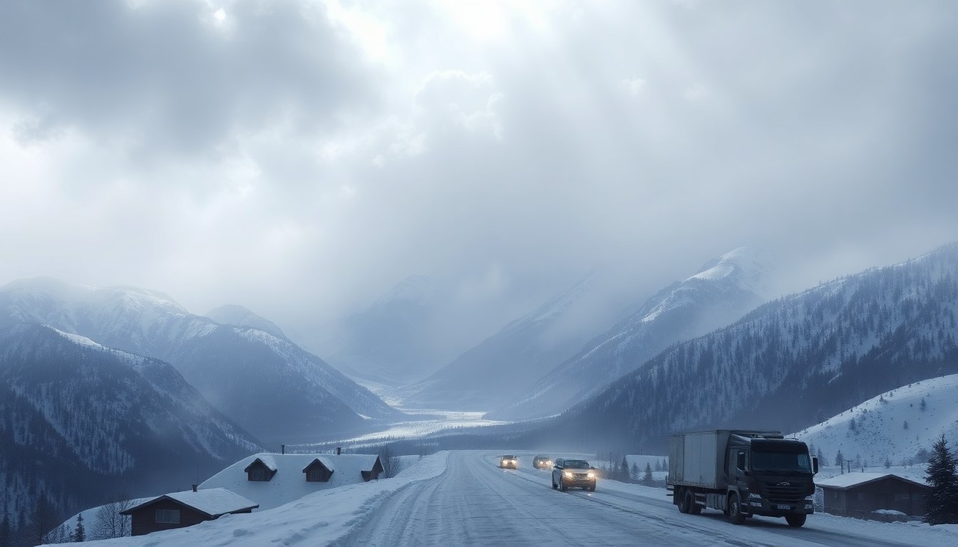 A sweeping, atmospheric landscape painting in muted tones of gray, white, and blue, depicting the snow-covered Sierra Nevada mountains partially obscured by heavy fog and dramatic lighting, conveying the overwhelming scale and power of the natural environment.