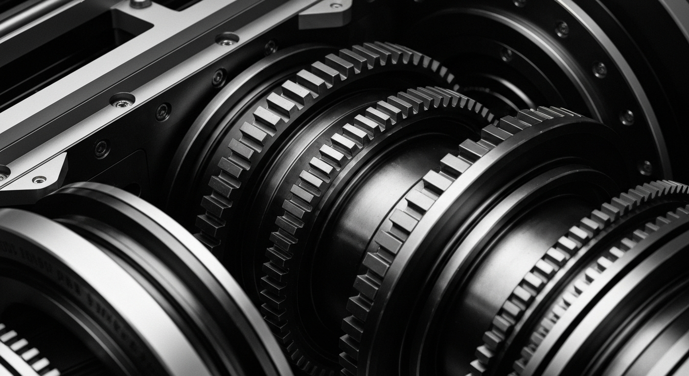 A high-contrast black and white close-up image of the intricate gears, circuits, and mechanisms that comprise an advanced aerospace component, representing the technical sophistication of AeroVironment's products.