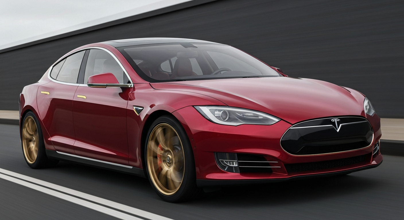 A blurred, abstract image of a Tesla Model S Plaid in a deep red color, with gold accents on the exterior, conveying a sense of speed and power.