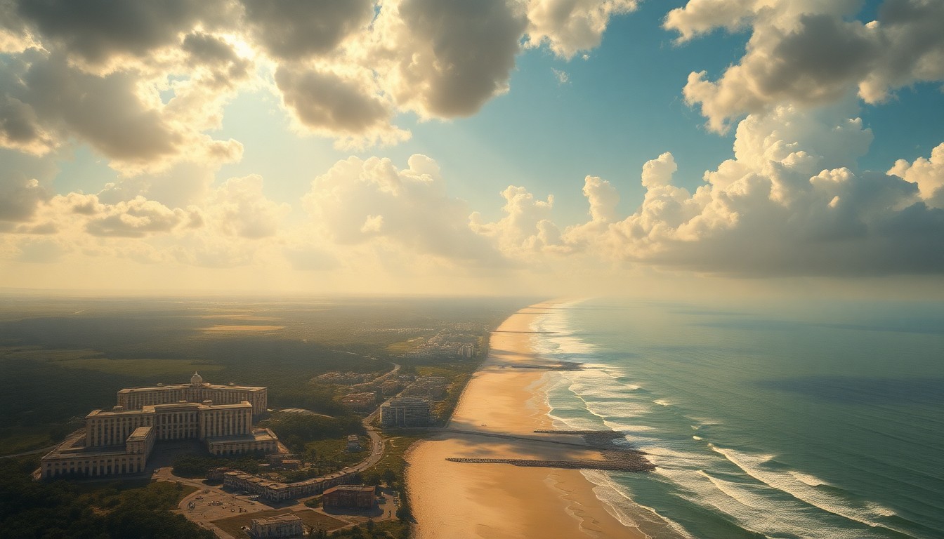 A vast, atmospheric landscape painting in muted tones of blue, green, and gold, depicting the Virginia Beach coastline and buildings under a dramatic, sun-drenched sky, conveying the overwhelming scale and power of the natural environment.