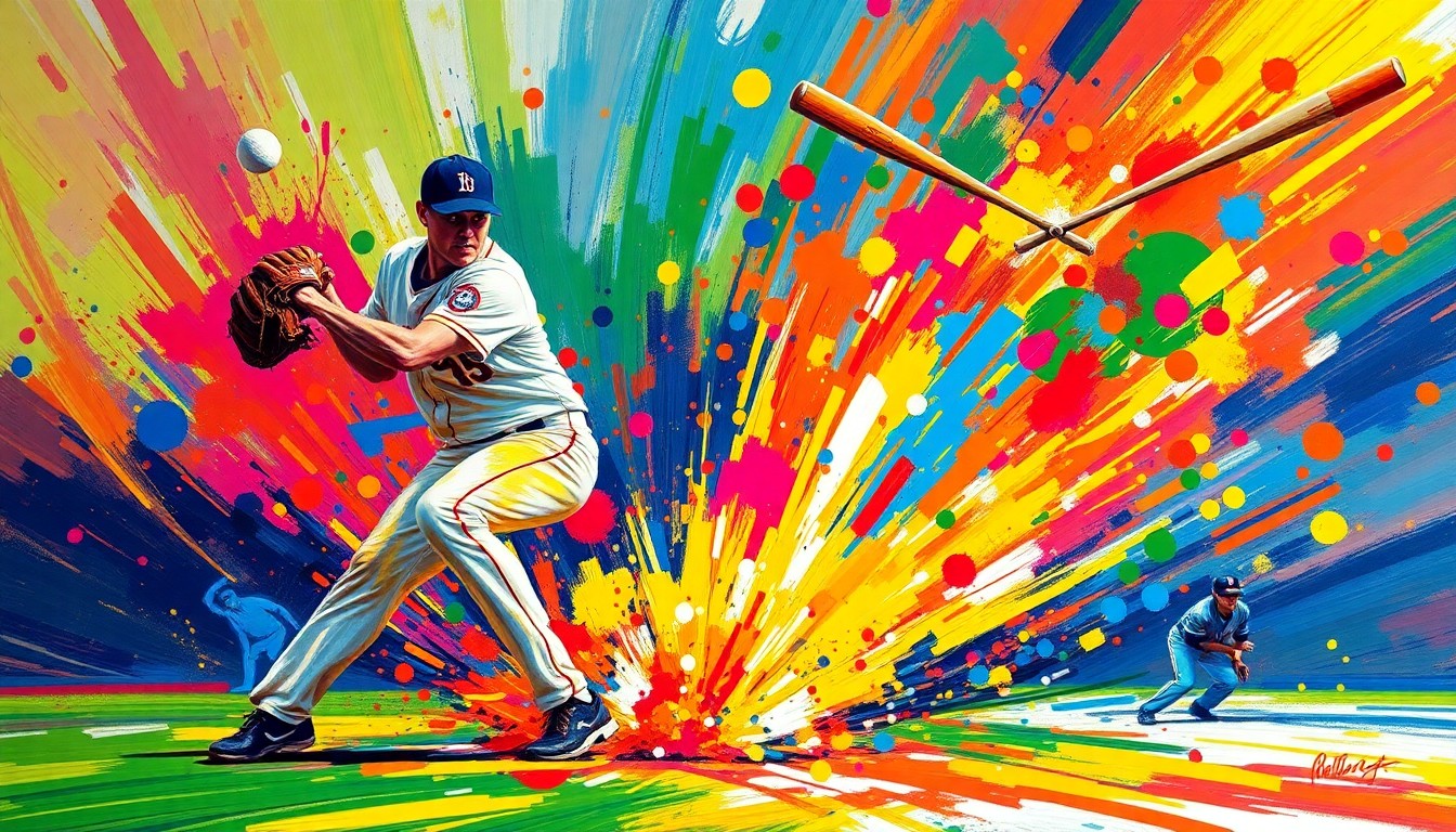 An abstract, expressionist painting in neon colors depicting the intense motion and energy of a baseball pitcher's delivery and a batter's swing, with the figures dissolving into vibrant brushstrokes and splatters of paint.